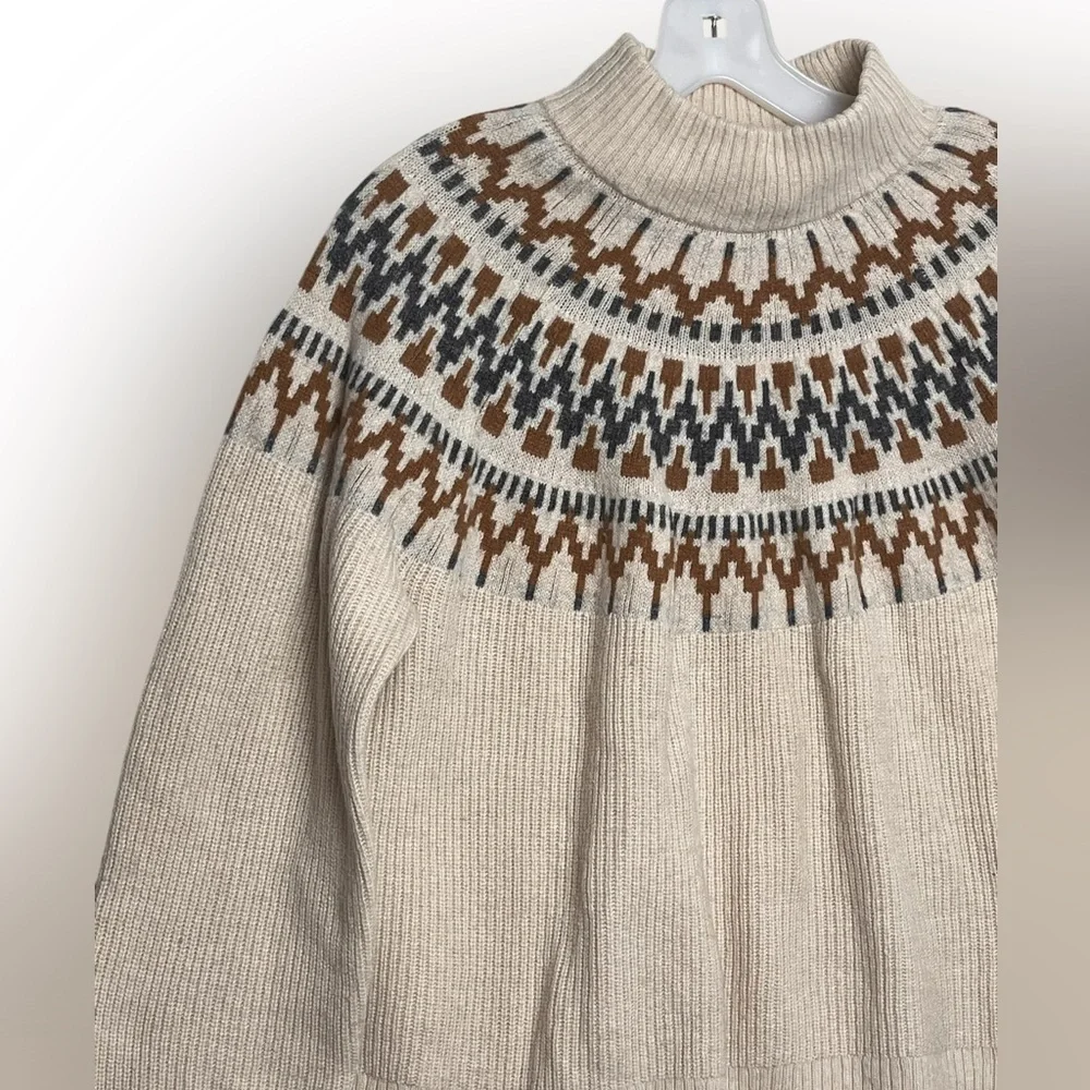 J. Crew Mock Neck Fair Isle Sweater Womens Lamb's Wool Blend Neutral Lodge